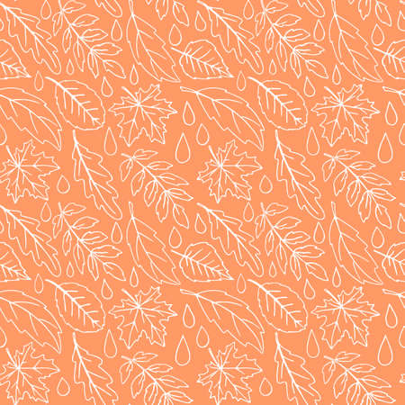 Seamless pattern of falling leaves with raindrops. Leaf fall and Rain in the forest. Vector autumn texture isolated on orange background, hand drawn in sketch style, white outline.のイラスト素材