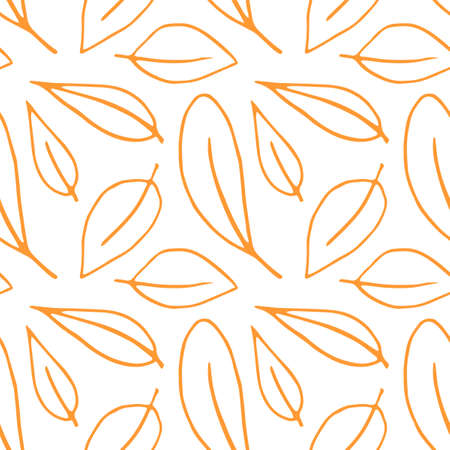 Seamless pattern of contoured leaves isolated on white background, orange outline in sketch style. Simple vector texture for fabric, invitations, home textiles.のイラスト素材