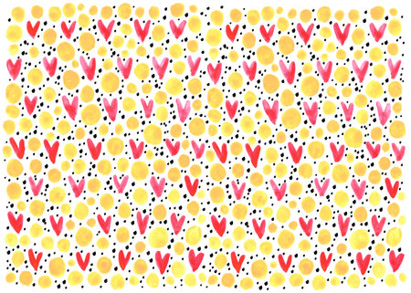 Abstract background with hearts stains and circles. Brush strokes watercolor, paint spots. Children,...