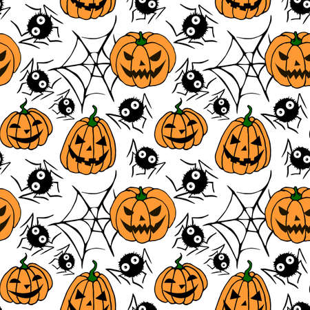 Seamless pattern with pumpkins, Jack lanterns, cute spiders, cobwebs. background and textures for Halloween. Hand drawn illustration in flat doodle style, isolated.のイラスト素材