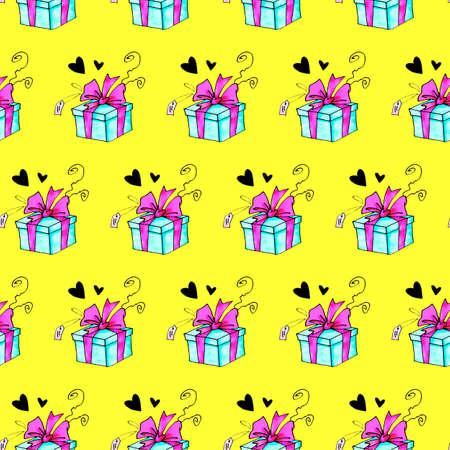 Seamless pattern with gift boxes. Festive backgrounds and textures. For greeting cards, wrapping paper, textile, prints, birthday, Valentines day, Xmas, holidays.の写真素材