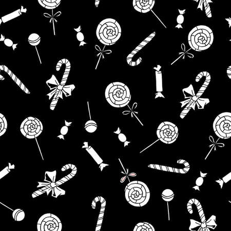Seamless hand drawn pattern. Candy cane, sweets, lollipop. New year, Xmas, holidays backgrounds and texture. For greeting cards, wrapping paper, fabric printの写真素材