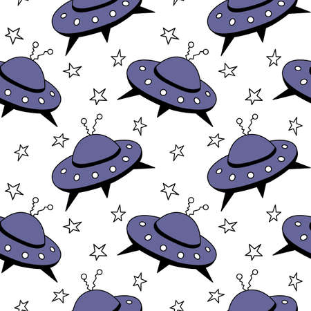 Seamless pattern with Flying Saucers, UFO. Vector background and texture for fabric, wrapping, wallpaper, textile, apparel, cover.のイラスト素材