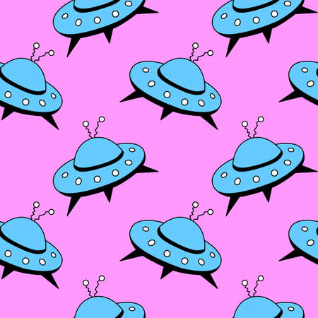 Seamless pattern with Flying Saucers, UFO. Vector background and texture for fabric, wrapping, wallpaper, textile, apparel, cover.のイラスト素材