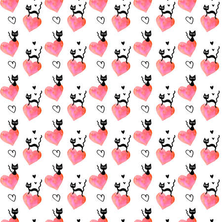 Cute seamless pattern with hearts and cats. Romantic texture for backgrounds, wrapping paper, packaging, greeting cards, prints, covers, fabric, textile, birthday, Valentine's Day.の写真素材