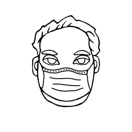Human in medical mask protect against infection, virus. Hand drawn black outline illustration in doodle style on theme of quarantine, self-isolation times and coronavirus prevention.の写真素材