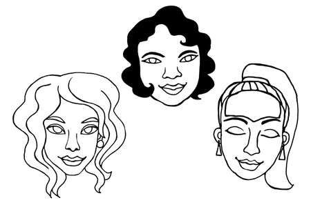 Set of Outline people faces. Hand drawn heads of a man, woman, kid, boy or girl in the style of a Doodle, isolated on a white background. Different and beautiful.の写真素材