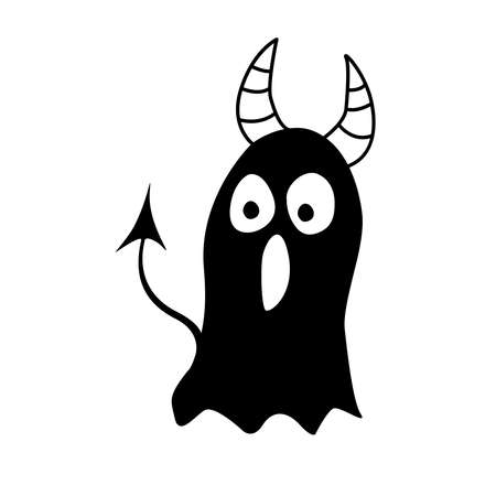 Screaming monster silhouette with horns and tail. Black Funny Cute cartoon baby character. Happy Halloween. Flat design. isolated on white background. Vector.のイラスト素材