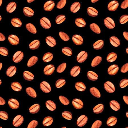 Seamless pattern with coffee beans. Watercolor illustration background for cafe, bistro, restaurant, bars menu card. Food and drink abstract texture design.の写真素材