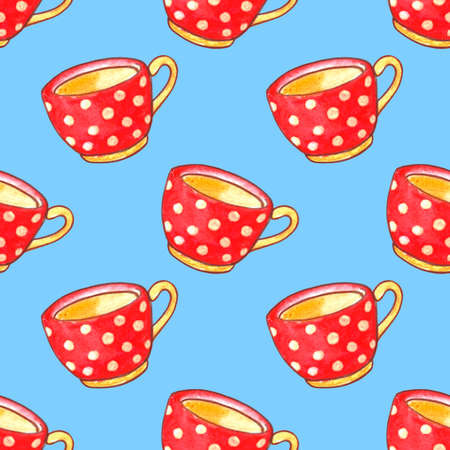 Seamless pattern with red polka dot cups. Watercolor Background and texture with Mugs from hot drink. Hand drawn kitchen supplies. Perfect for packaging, home decoration, textile, menu, cafe.の写真素材