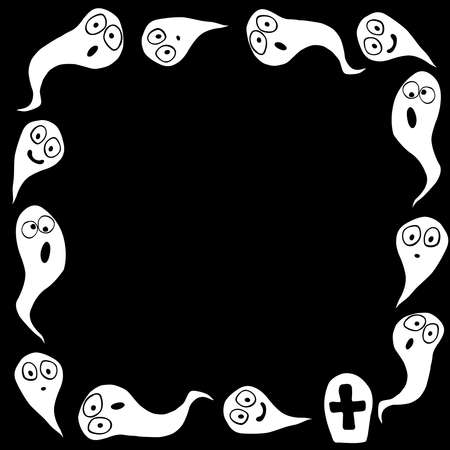 Halloween square frame with ghosts. Holiday border, background for greeting cards, invitations, parties, posters, banners.のイラスト素材