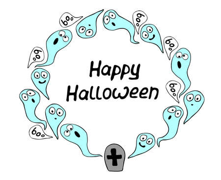 Halloween round frame with ghosts. Holiday border, background for greeting cards, invitations, parties, posters, banners.のイラスト素材