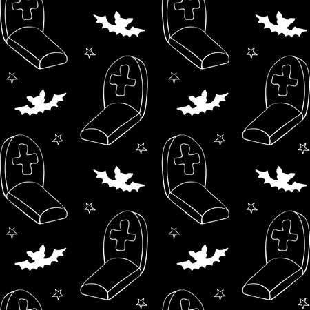 Happy Halloween. Seamless pattern of doodles Graves, Tombstone, crosses and bat. Night at the cemetery, isolated. Vector holiday backgrounds and textures.のイラスト素材