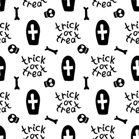 Happy Halloween. Seamless pattern with inscriptions and icon set-Tombstone, skulls and bones. Trick or treat-lettering. Night at the cemetery, isolated. Vector holiday backgrounds and textures.のイラスト素材
