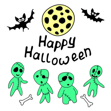 Happy Halloween-lettering with zombie, bats, moon. Set of Isolated color flat design elements. Festive title and background for greeting card, invitation, party, poster, banner.のイラスト素材