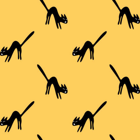 Seamless pattern with a hissing angry black witch cat. Happy Halloween. Textured background for greeting card, invitation, party poster, banner.のイラスト素材