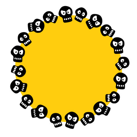 Round frame with skulls. Theme of Halloween and death in cartoon flat style. Border, background for greeting card, invitation, party poster, banner.のイラスト素材