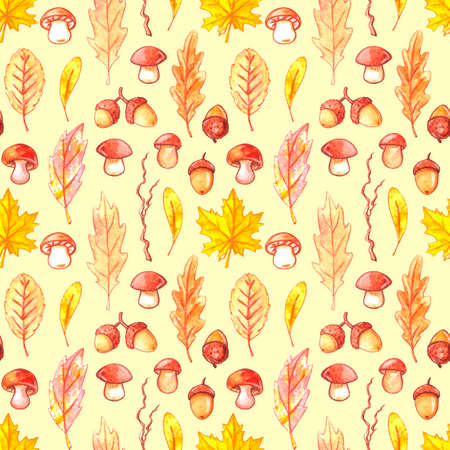 Watercolor seamless pattern of isolated illustrations, autumn collection, fallen leaves, mushrooms, acorns, branches. Forest theme, happy fall, retro Wallpaper.の写真素材
