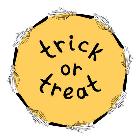 Happy Halloween-round frame of witch broom. Trick or treat -inscription. Holiday and Power girl theme.のイラスト素材