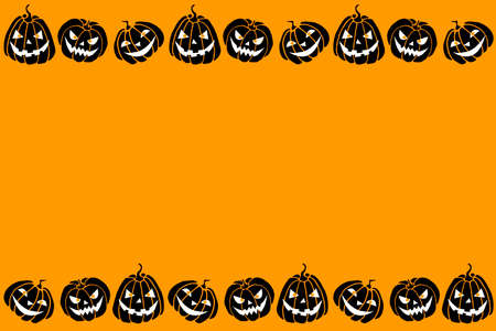 Background, frame for Halloween. Horizontal top and bottom edging, border of festive elements and characters - Jack lantern, pumpkin. Background for greeting card, invitation, party poster, banner.のイラスト素材
