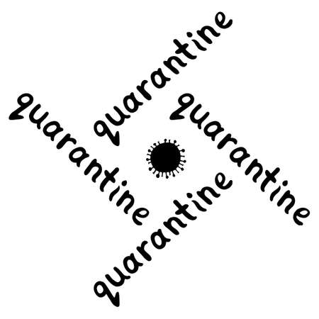 Quarantine logo - inscription and icon of molecule, virus cell. The topic of self-isolation, self-defense, protection and time of spread of coronavirus.のイラスト素材