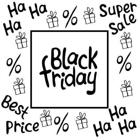 Vector poster, title, frame on theme of black Friday, shopping, discounts and sales. Border made from hand drawn outline gifts, percents, price tags in doodle style.のイラスト素材