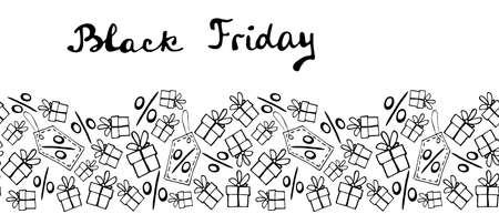 Vector poster, title, seamless pattern on theme of black Friday, shopping, discounts and sales. Border made from hand drawn outline gifts, percents, price tags in doodle style.のイラスト素材
