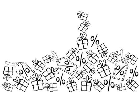 Backdrop with mountain made from hand drawn outline gifts, percents, price tags in doodle style. ... Vector poster on theme of black Friday, shopping, discounts and sales.のイラスト素材