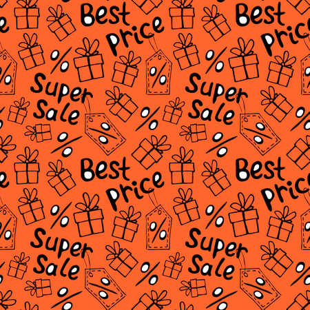 Vector seamless pattern with inscriptions and symbols Sale. Hand drawn background and texture on theme of Black Friday, best price, discounts, shopping and special offers.のイラスト素材