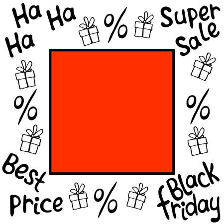 Vector frame on theme of black Friday, shopping, discounts and sales. Border made from hand drawn outline gifts, percents, inscriptions in doodle style.のイラスト素材