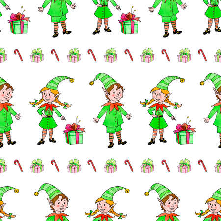 Seamless pattern with a row of Christmas elves. Xmas and new year backgrounds and textures. Border, ending for greeting cards, wrapping paper, packaging, fabric, prints, edge decorations.の写真素材