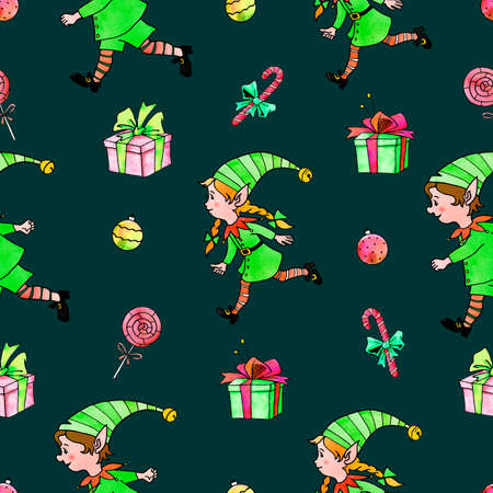 Seamless pattern with Christmas elfes, candy cane, gift boxes. New year Xmas backgrounds and textures. For greeting cards, wrapping paper, packaging, textile, fabric, prints.の写真素材
