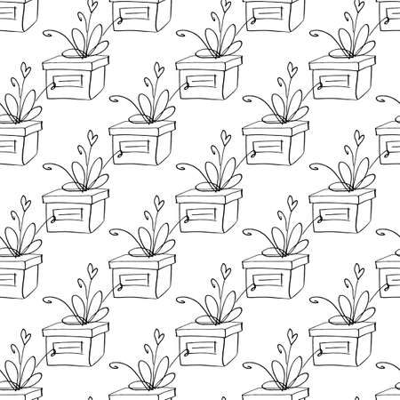 Vector Seamless pattern with outline gift box in doodle style, line art. Cute hand drawn presents on holidays background and texture. For Valentine day, birthday, greeting cards, wrap paper, xmas.のイラスト素材