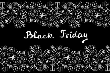 Vector poster, title, seamless pattern on theme of black Friday, shopping, discounts and sales. Border made from hand drawn outline gifts, percents, price tags in doodle style.のイラスト素材
