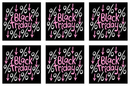 Vector seamless pattern with letterings Black Friday. Hand drawn poster, title or banner in doodle flat style on theme of shopping, discounts and sales.のイラスト素材