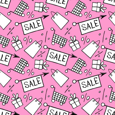 Vector seamless pattern with inscriptions and symbols Sale. Hand drawn background and texture on theme of Black Friday, discounts, shopping and special offers.のイラスト素材
