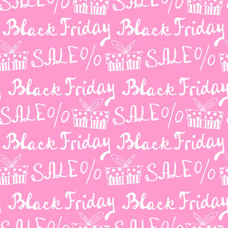 Vector seamless pattern with inscription Sale, gifts and percent signs. Hand drawn background and texture on theme of Black Friday, discounts, commercial and special offers. Handwritten backdrop.のイラスト素材
