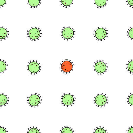Seamless pattern of molecules, cells of virus, bacteria. Pandemic, epidemic covid-19. Theme of quarantine, spread of coronavirus, vaccination. Vector hand drawn background in doodle style isolated.のイラスト素材