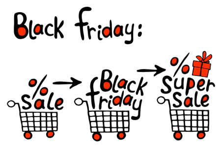 Set of Vector Shopping carts with image of gift boxes with letterings Best price, Super Sale. Hand drawn poster, title or design element in doodle flat style on theme of Black Friday, buys, discounts.のイラスト素材