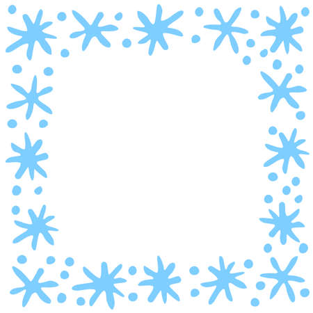 Winter vector frame of simple primitive blue snowflakes. Hand drawn border, isolated. Background, backdrop, template for theme of Snowfall, christmas, new year.のイラスト素材