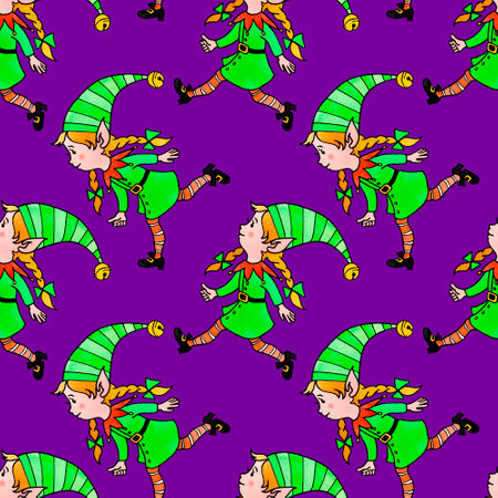 Seamless pattern with Christmas elves girls. New year Xmas watercolor hand drawn backgrounds and textures. For greeting cards, wrapping paper, packaging, textile, fabric, prints.の写真素材
