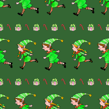 Seamless pattern with a row of Christmas elves. Xmas and new year backgrounds and textures. Border, ending for greeting cards, wrapping paper, packaging, fabric, prints, edge decorations.の写真素材