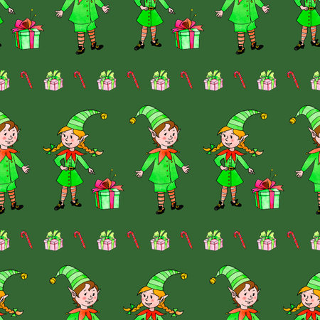 Seamless pattern with a row of Christmas elves. Xmas and new year backgrounds and textures. Border, ending for greeting cards, wrapping paper, packaging, fabric, prints, edge decorations.の写真素材