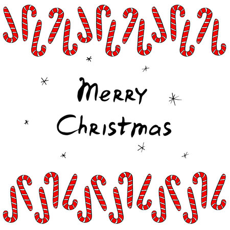 Vector Background, frame, border, title from red candy cane and lettering Merry Christmas. Horizontal top and bottom edging, decoration on theme sweet New Year and Xmas.のイラスト素材