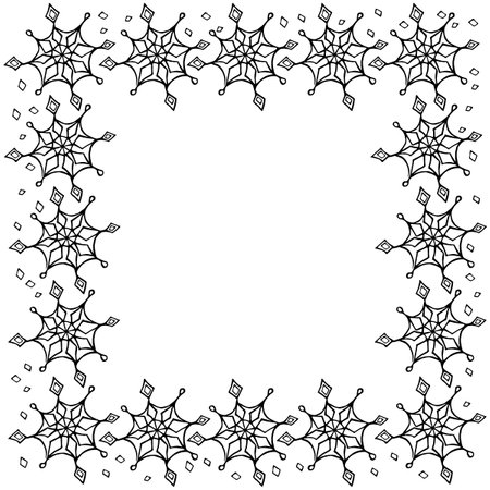 Winter vector frame of black snowflakes. Hand drawn border, isolated. Background, backdrop, template for theme of Snowfall, christmas, new year.のイラスト素材