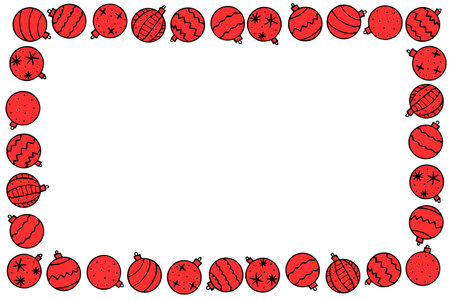 Vector frame of Christmas tree balls. New year Xmas background, border for winter holidays decor, greeting cards, invitations.のイラスト素材
