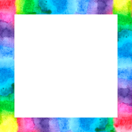 Square bright color rainbow frame made of abstract watercolor spots. Hand drawn border, backdrop for decoration of images, photos. Expresses happiness and joy.の写真素材