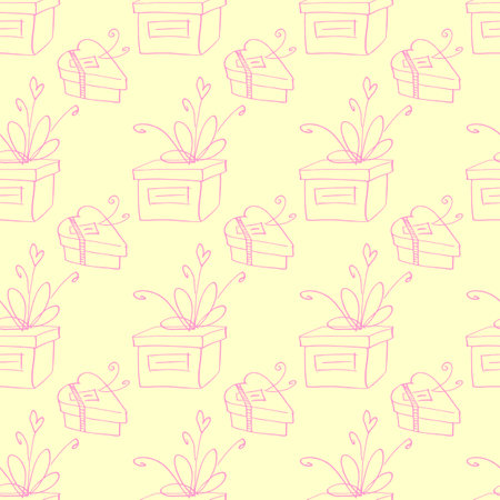 Vector Seamless pattern with outline gift box in doodle style, line art. Cute hand drawn presents on holidays background and texture. For Valentine day, birthday, greeting cards, wrap paper, xmas.のイラスト素材