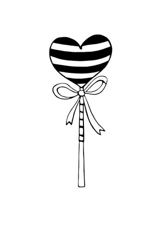 Vector outline heart shape lollipop gingerbread on stick with bow. Hand drawn contour doodle clip art. For Valentine's Day, confectionery shop decoration, food illustration. Love sweet candy.のイラスト素材