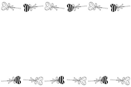 Vector Background, frame, border from lollipop, gingerbread on stick in shape of heart with bow. Horizontal top and bottom edging, decoration for greeting card, invitation, candy shop, valentines day.のイラスト素材